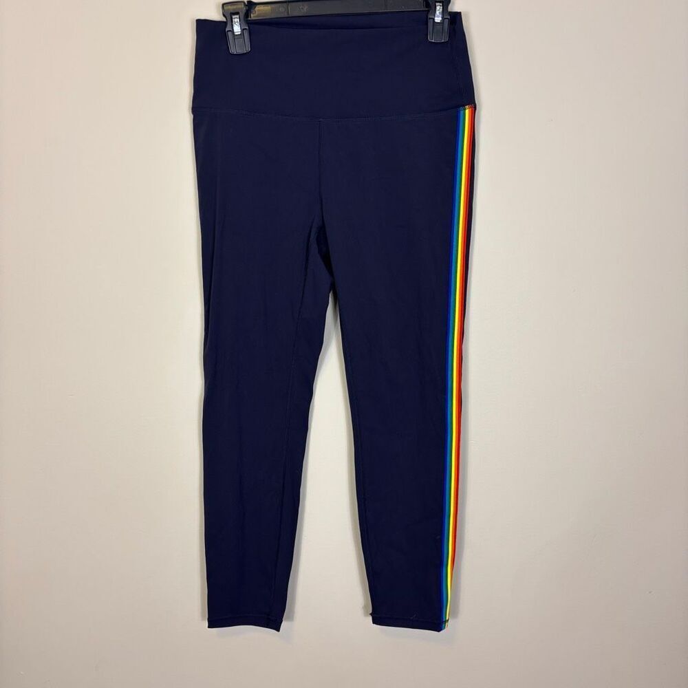 Zyia Active Navy Blue with Rainbow Striped Side Leggings Size Large
